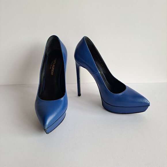 Saint Laurent Paris Blue Leather High Heels Pumps Shoes Size 37